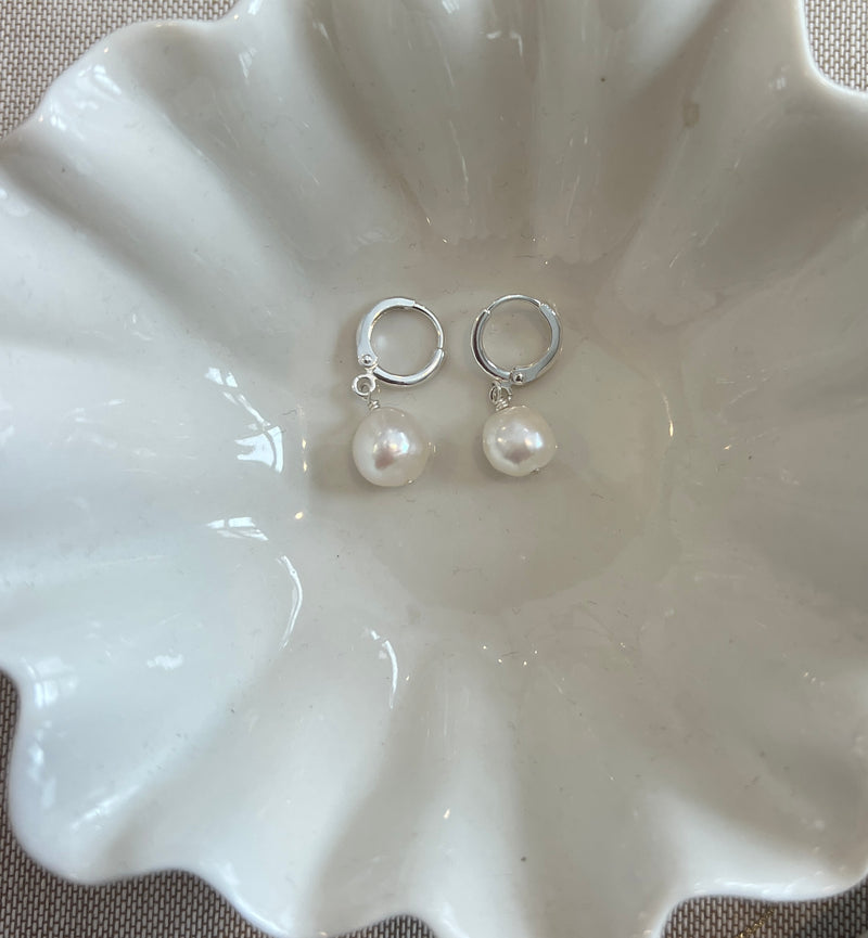 Freshwater Pearl Huggies-Silver