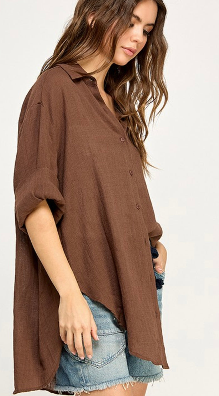 Preorder-Breezy Button Down-Cocoa