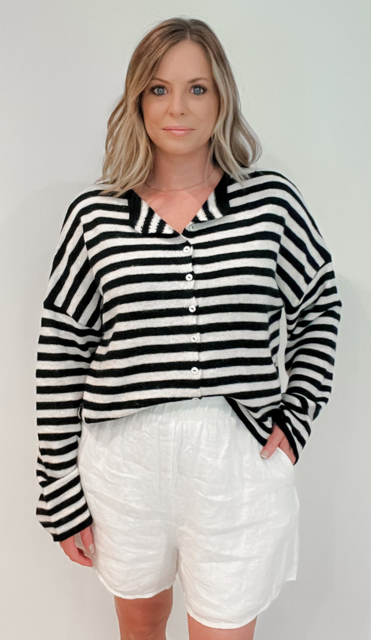 Shelby Cardigan-Ivory/Black Stripe