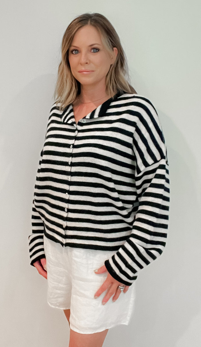 Shelby Cardigan-Ivory/Black Stripe