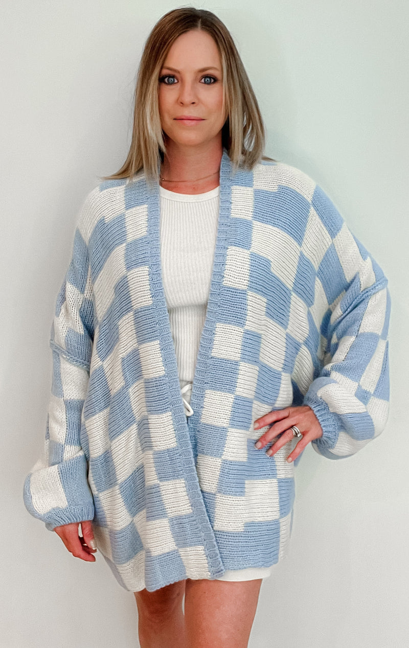 Checkmate Oversized Cardigan-Blue/Cream