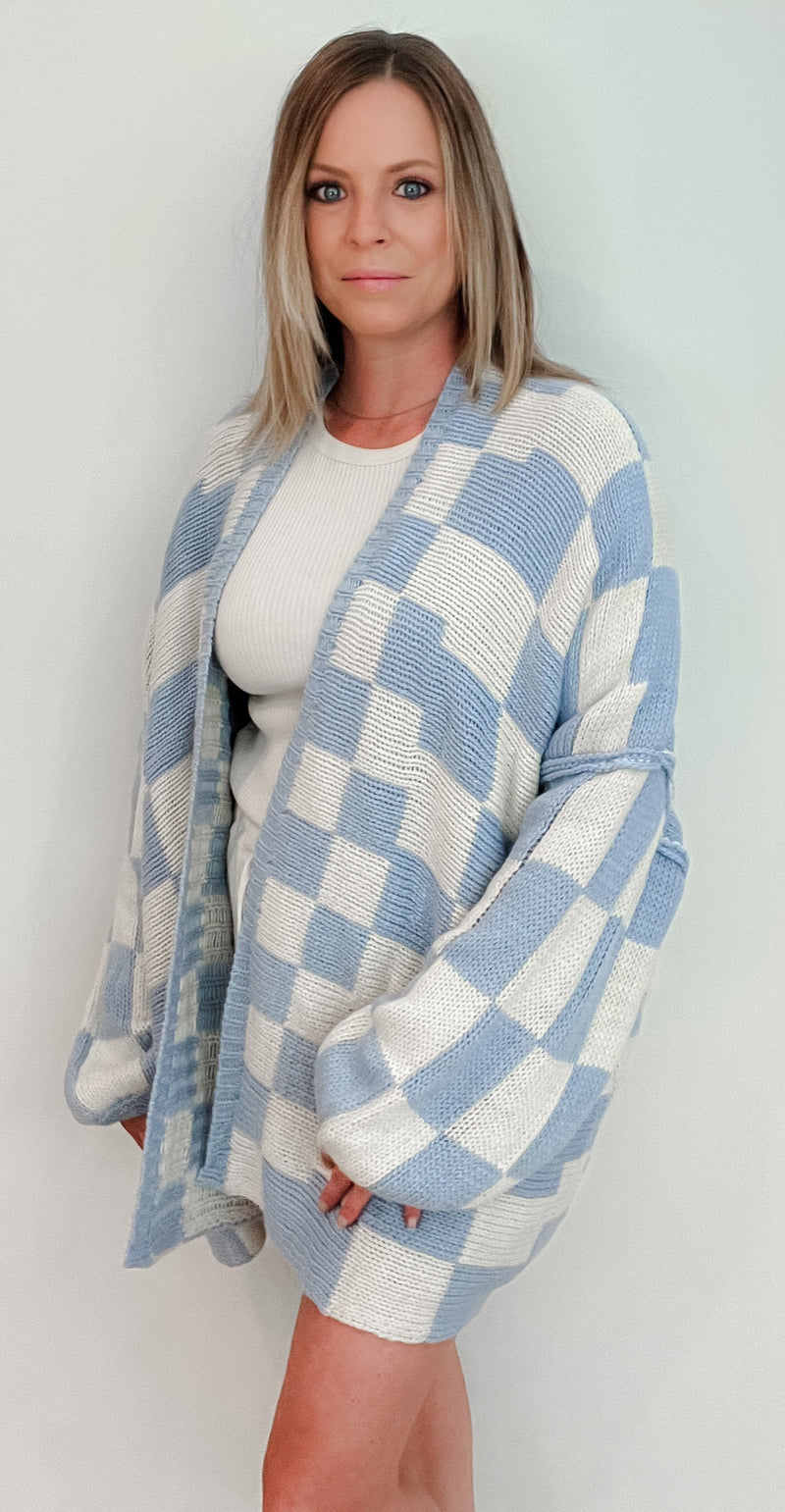 Checkmate Oversized Cardigan-Blue/Cream