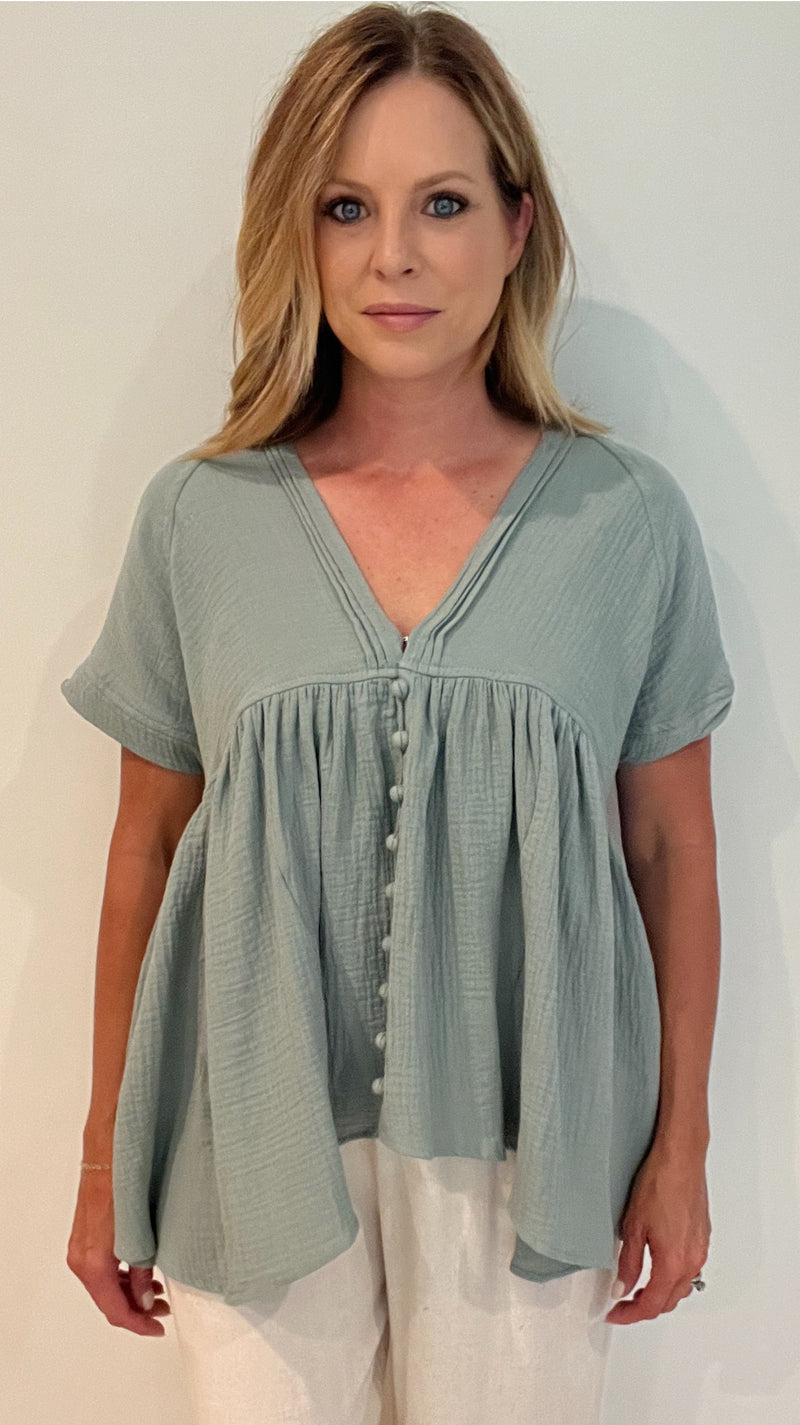 Ariella Woven Cotton Top-Dark Sage