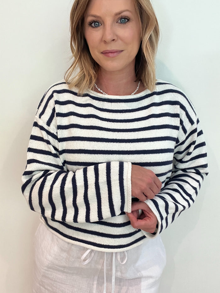 Long Island Stripe Sweater-Navy/White