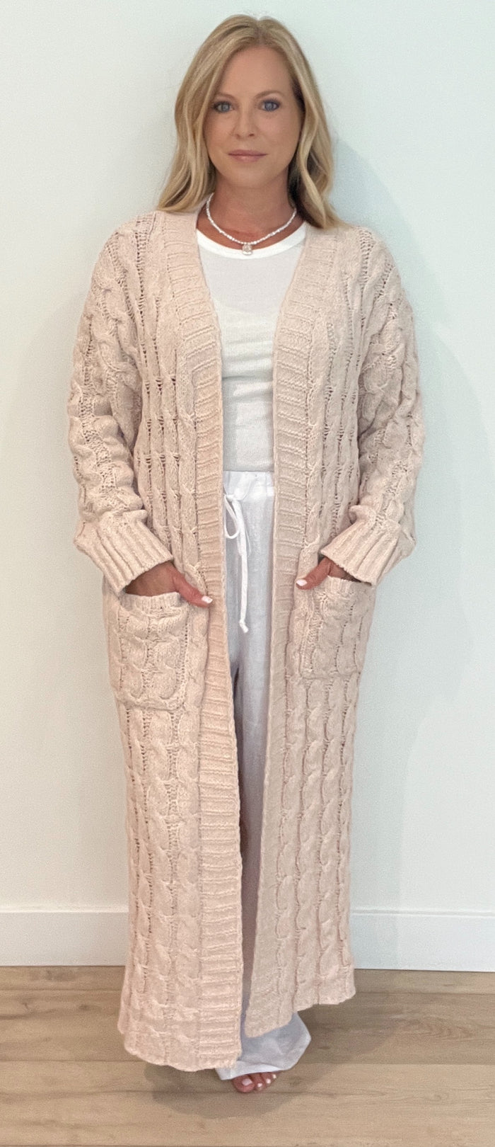 Brooklyn Cable Knit Cardigan-Beige