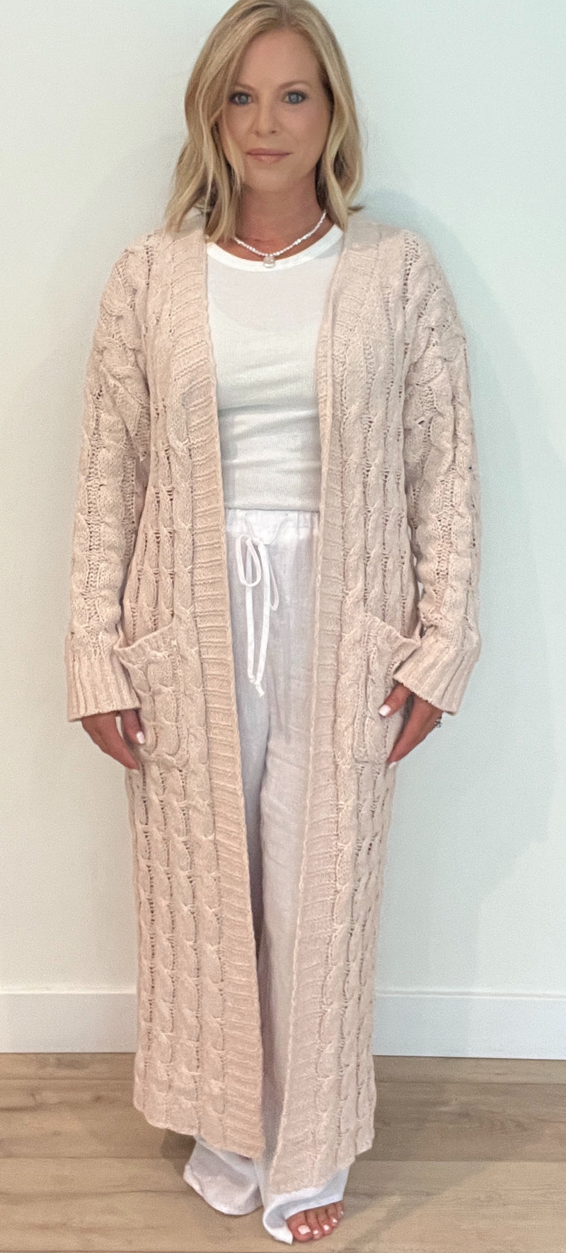 Brooklyn Cable Knit Cardigan-Beige