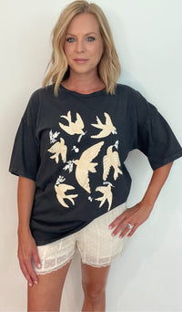 Vintage Birds Tee-Charcoal