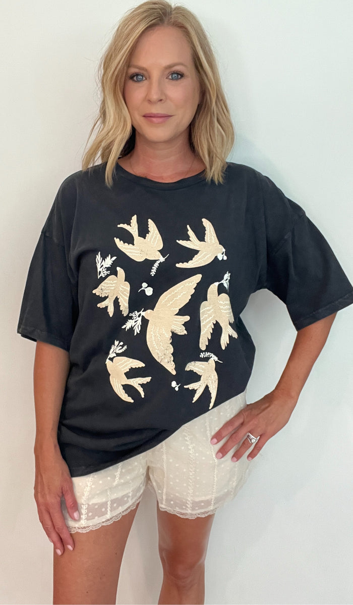 Vintage Birds Tee-Charcoal