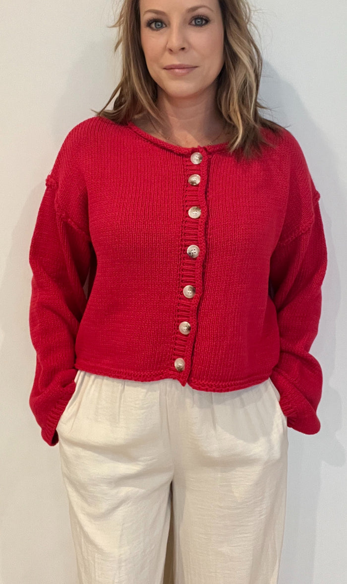 Joy Button Down Cardigan-Red