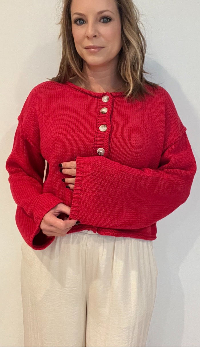 Joy Button Down Cardigan-Red