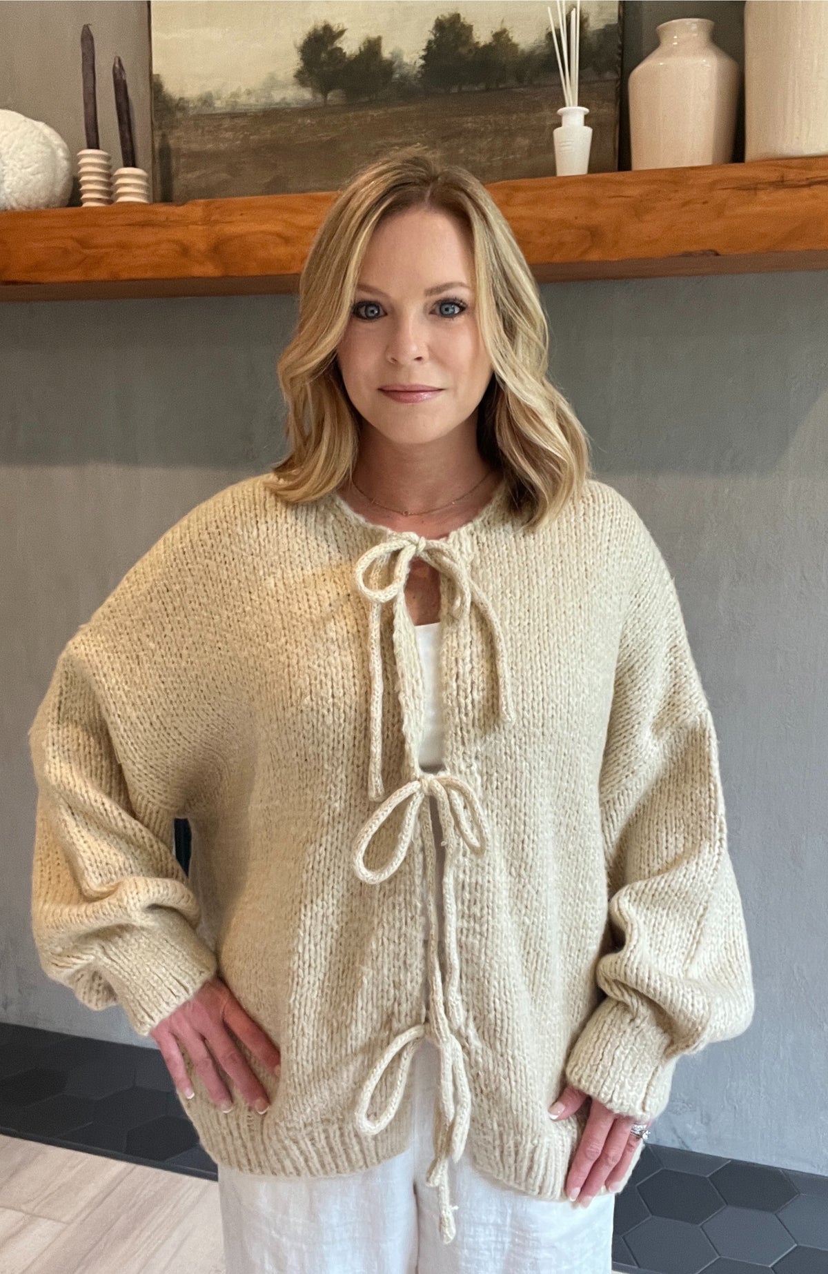 Mia Tie Front Cardigan-Light Taupe
