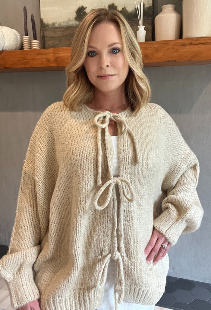 Mia Tie Front Cardigan-Light Taupe