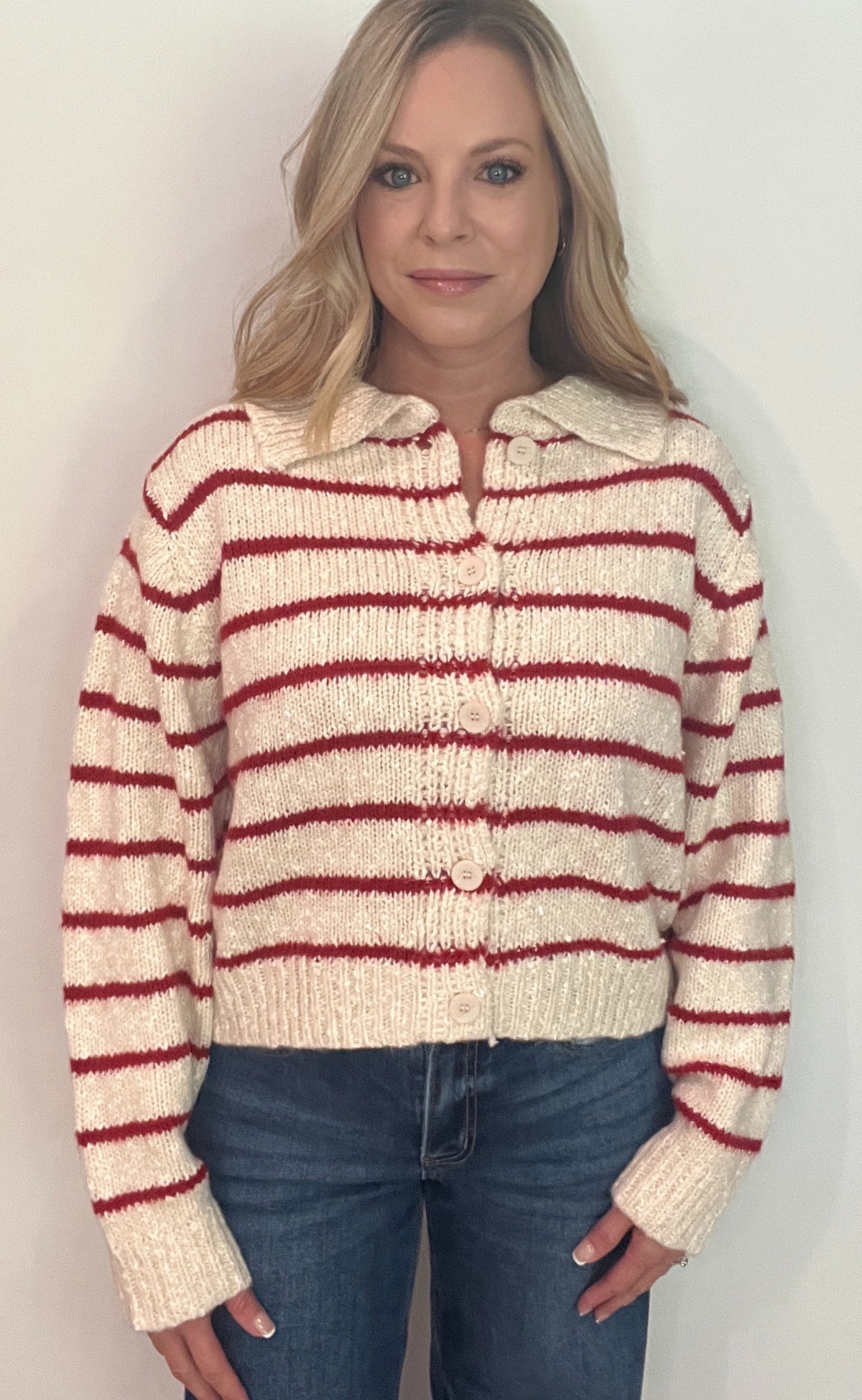 Cranberry Cream Cardigan-Red/Natural
