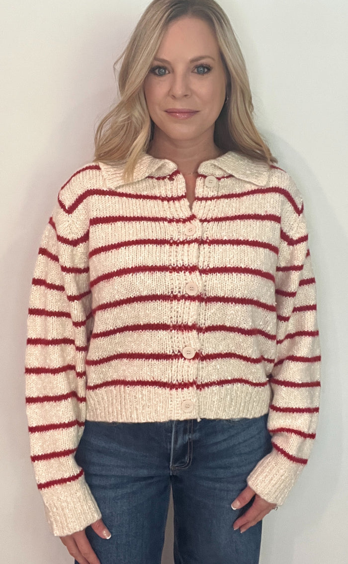 Cranberry Cream Cardigan-Red/Natural