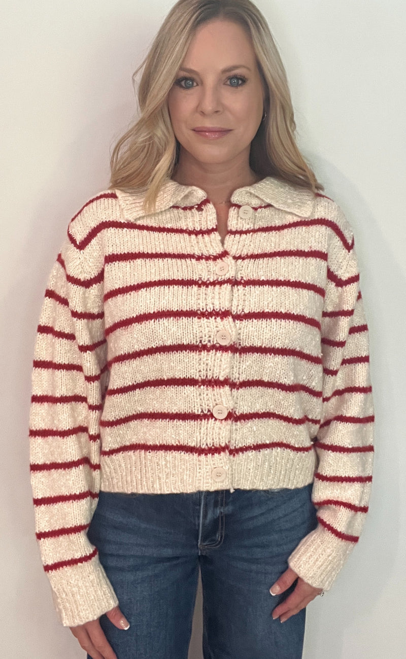 Cranberry Cream Cardigan-Red/Natural