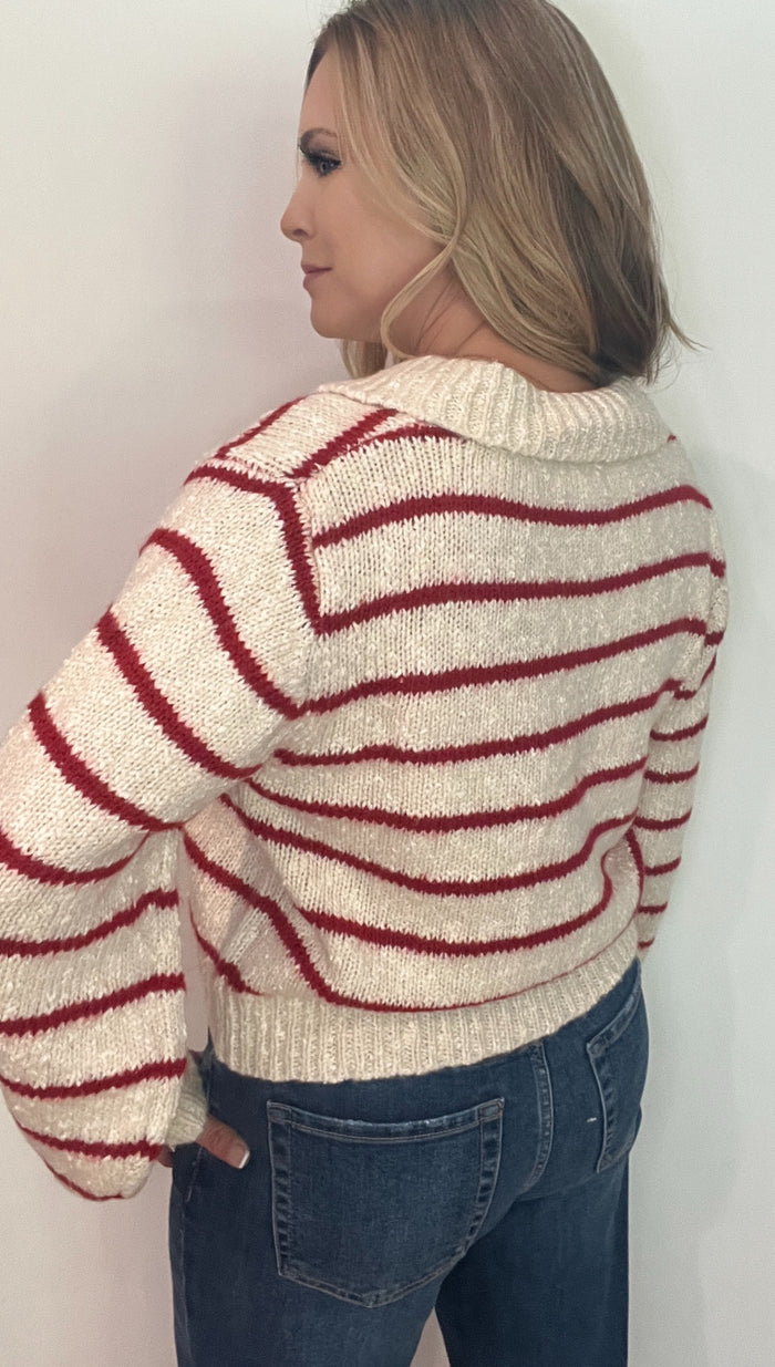 Cranberry Cream Cardigan-Red/Natural