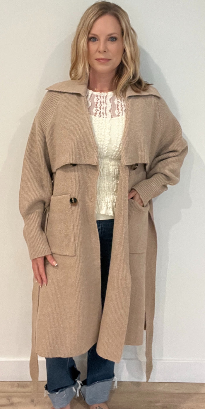 Oaklyn Knit Trench Coat-Camel