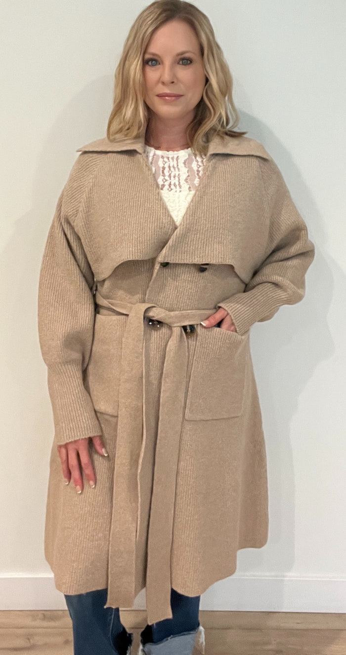 Oaklyn Knit Trench Coat-Camel