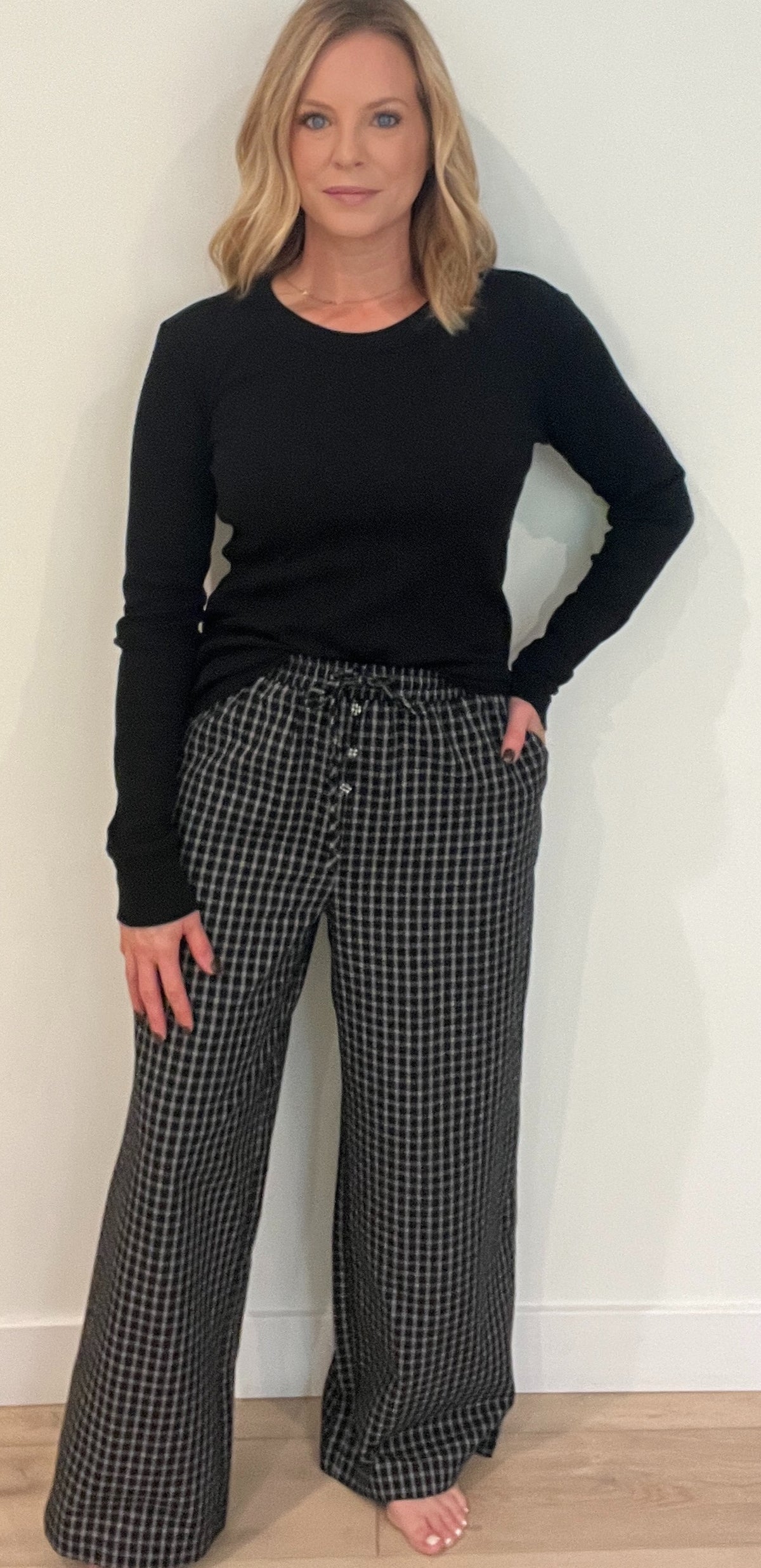 Tate Cotton Gingham Pants-Black