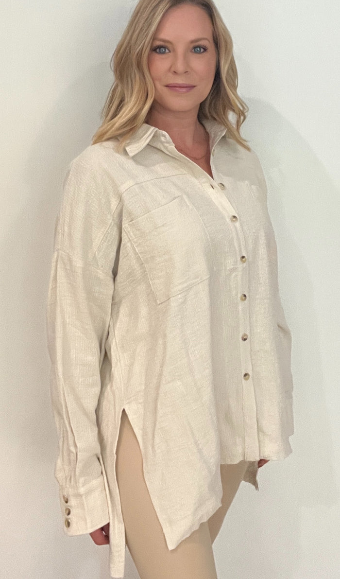 Vivian Woven Button Down Top-Natural