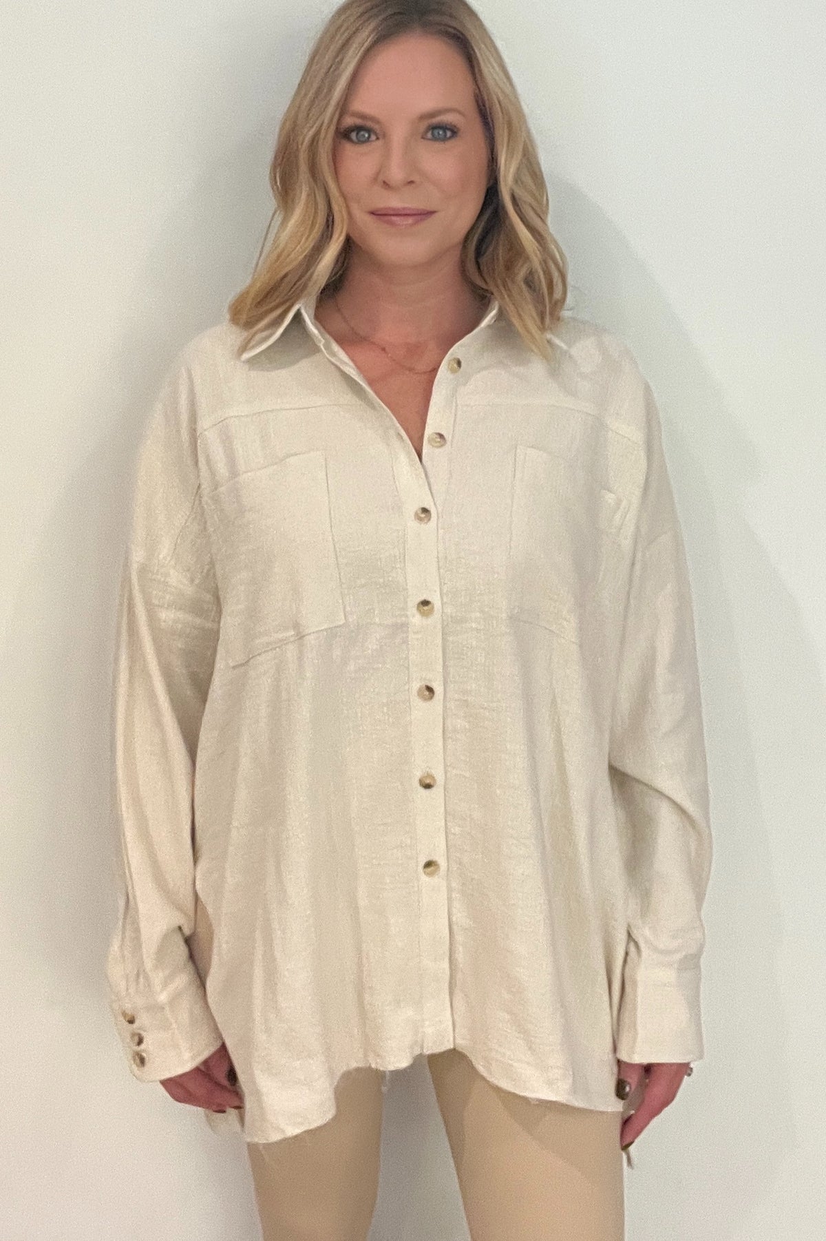 Vivian Woven Button Down Top-Natural