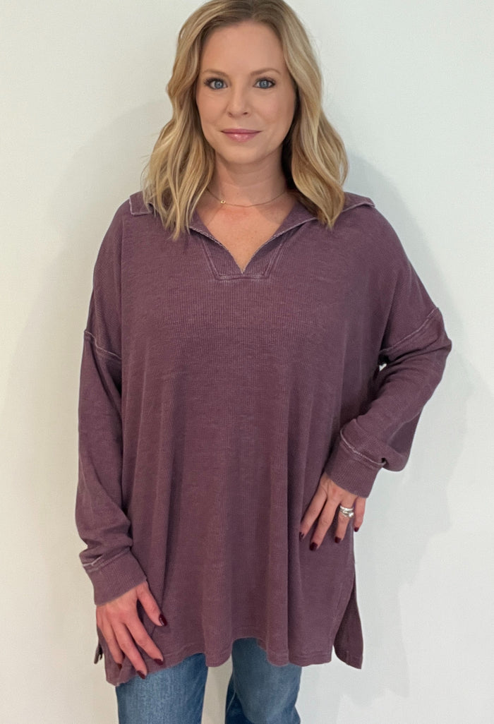 Haven Oversized Waffle Top-Plum