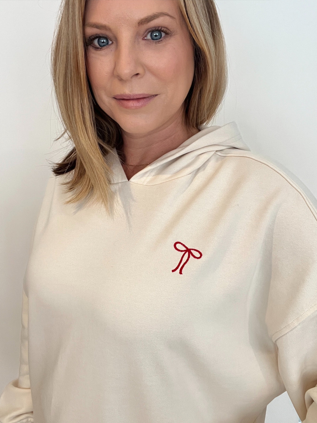 Bow Hoodie-Ecru/Red