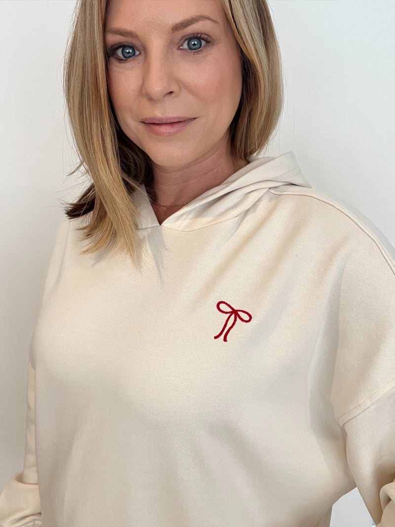 Bow Hoodie-Ecru/Red