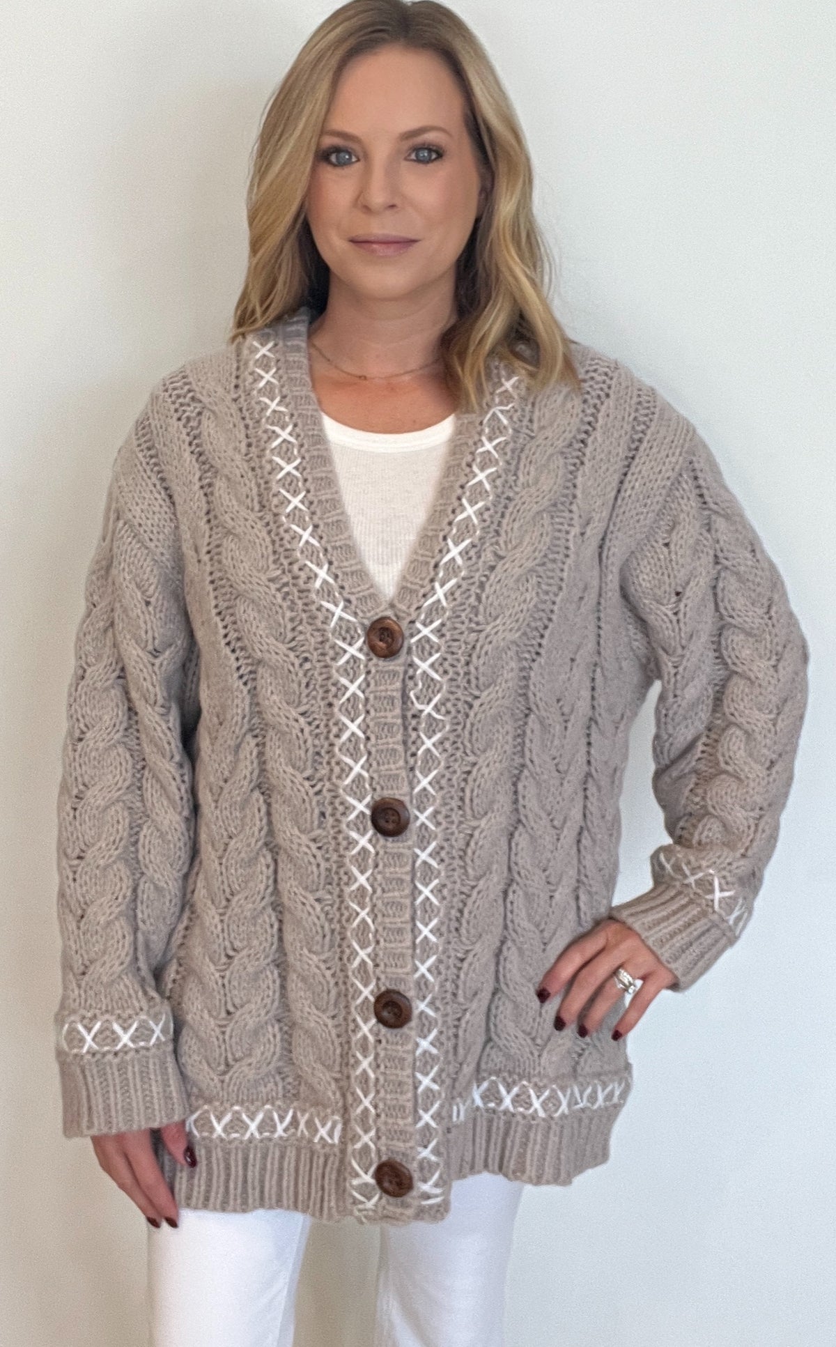 Christine Whipstich Cardigan-Taupe Grey