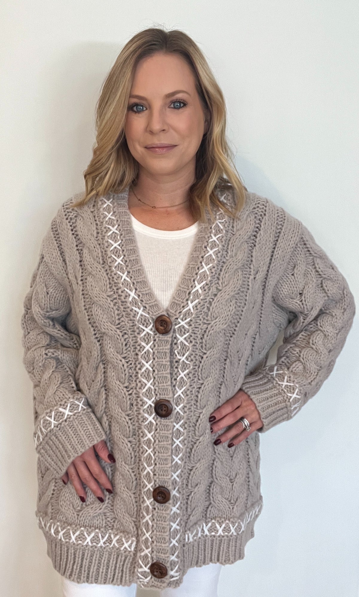 Christine Whipstich Cardigan-Taupe Grey