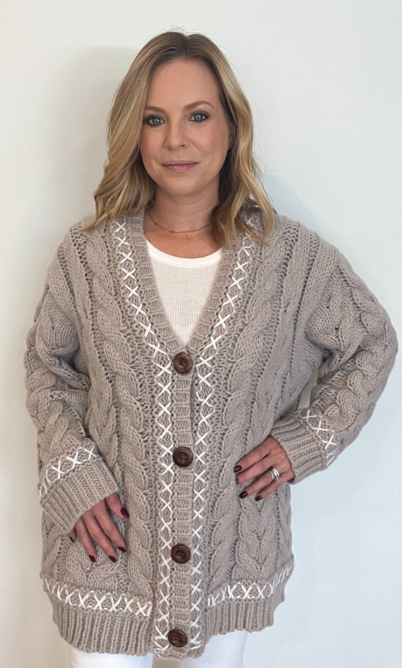 Christine Whipstich Cardigan-Taupe Grey