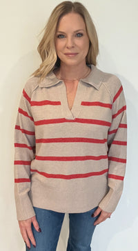 Salem Stripe Sweater-Taupe/Red