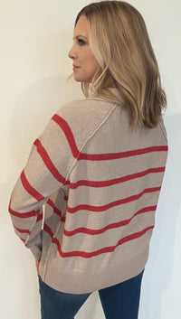 Salem Stripe Sweater-Taupe/Red