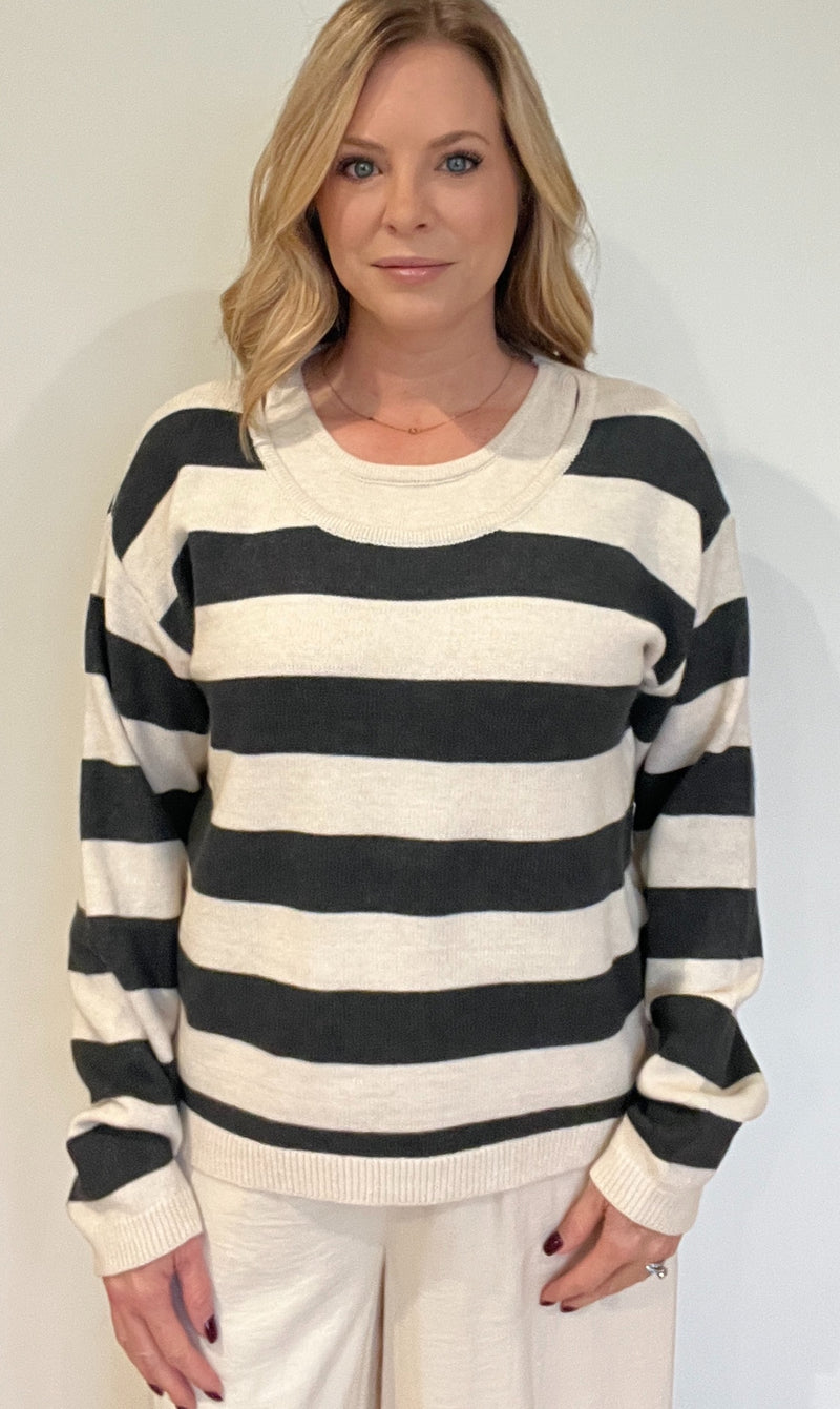 Lena Twofer Sweater-Charcoal/Ecru