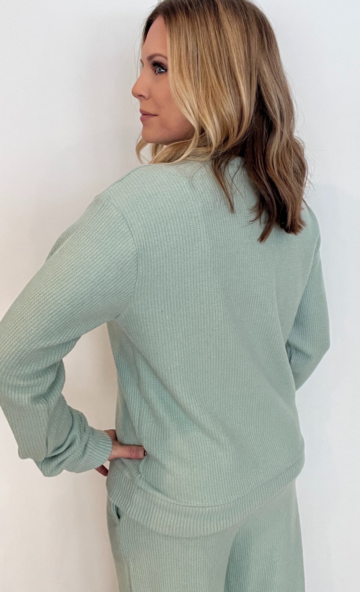 Slow Days Waffle Pullover-Sage