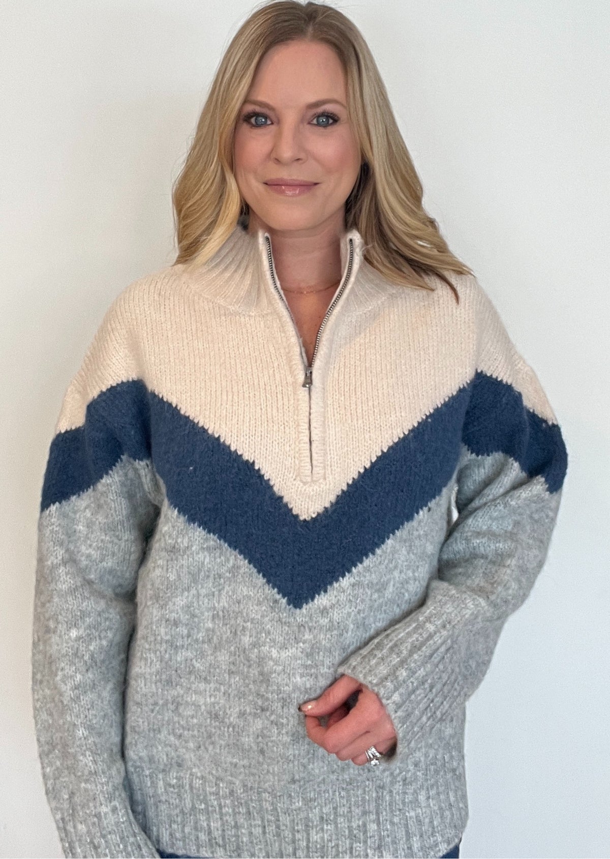 Chevy Half Zip Sweater-Cream/Blue Combo