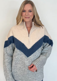 Chevy Half Zip Sweater-Cream/Blue Combo