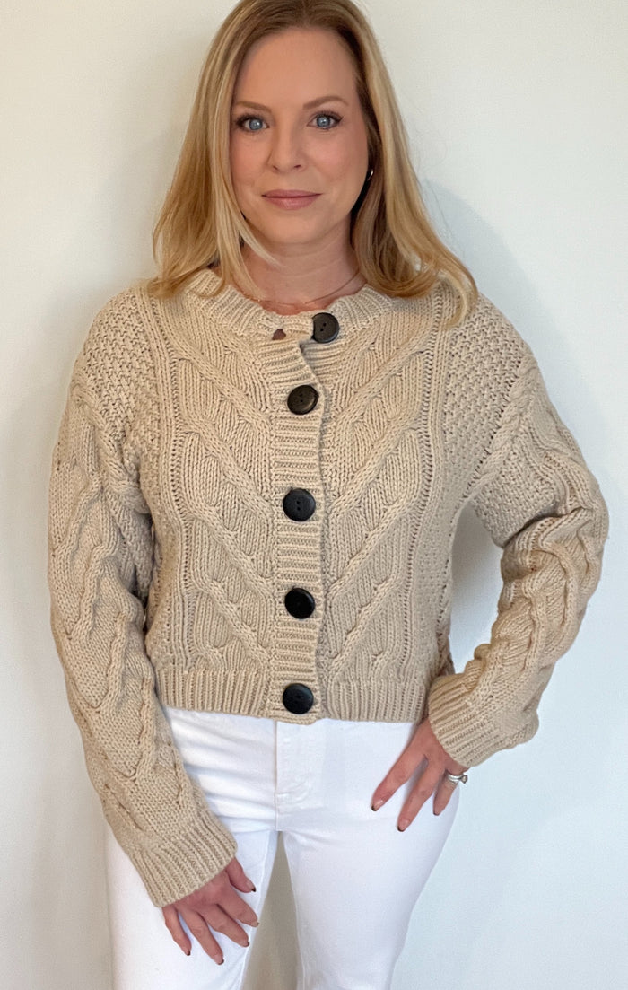 Harland Cable Knit Cardigan-Tan