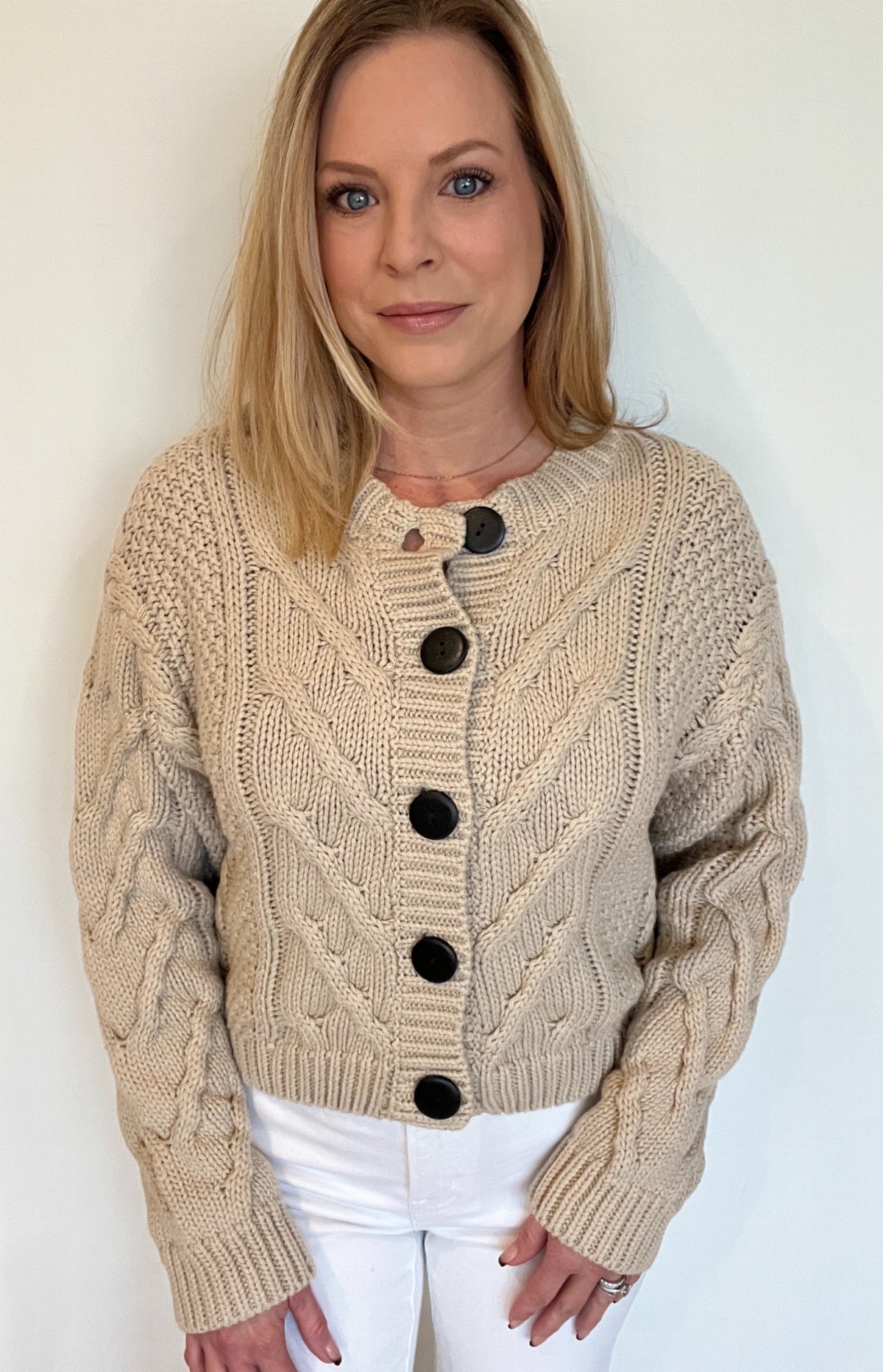 Harland Cable Knit Cardigan-Tan