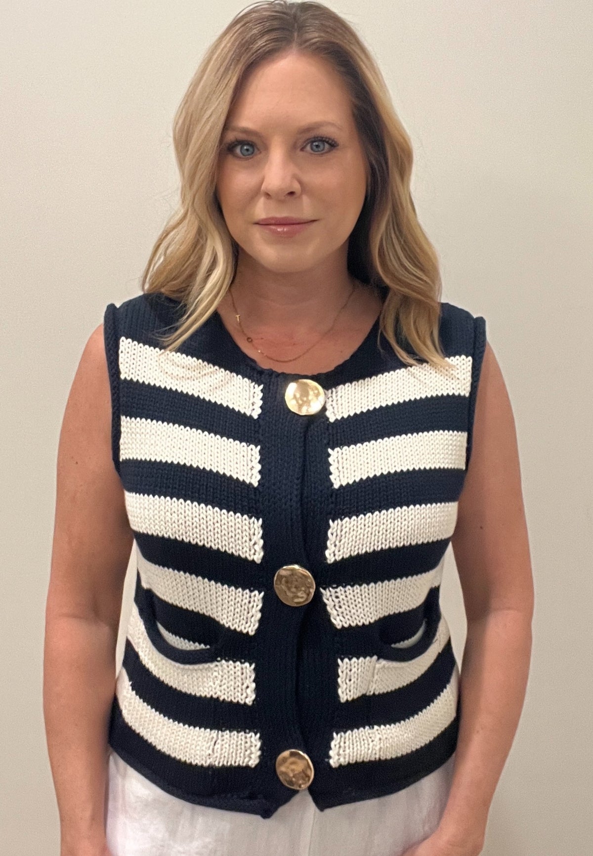 Causeway Stripe Knit Vest-Navy/Cream