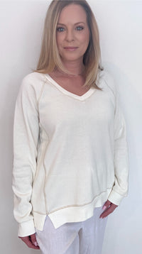 Hangout V Neck Sweatshirt-Cream