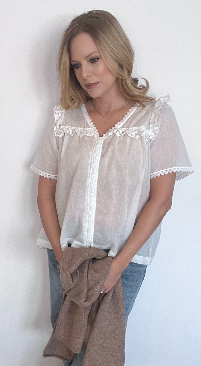 Nora Lace Trim Top-Ivory