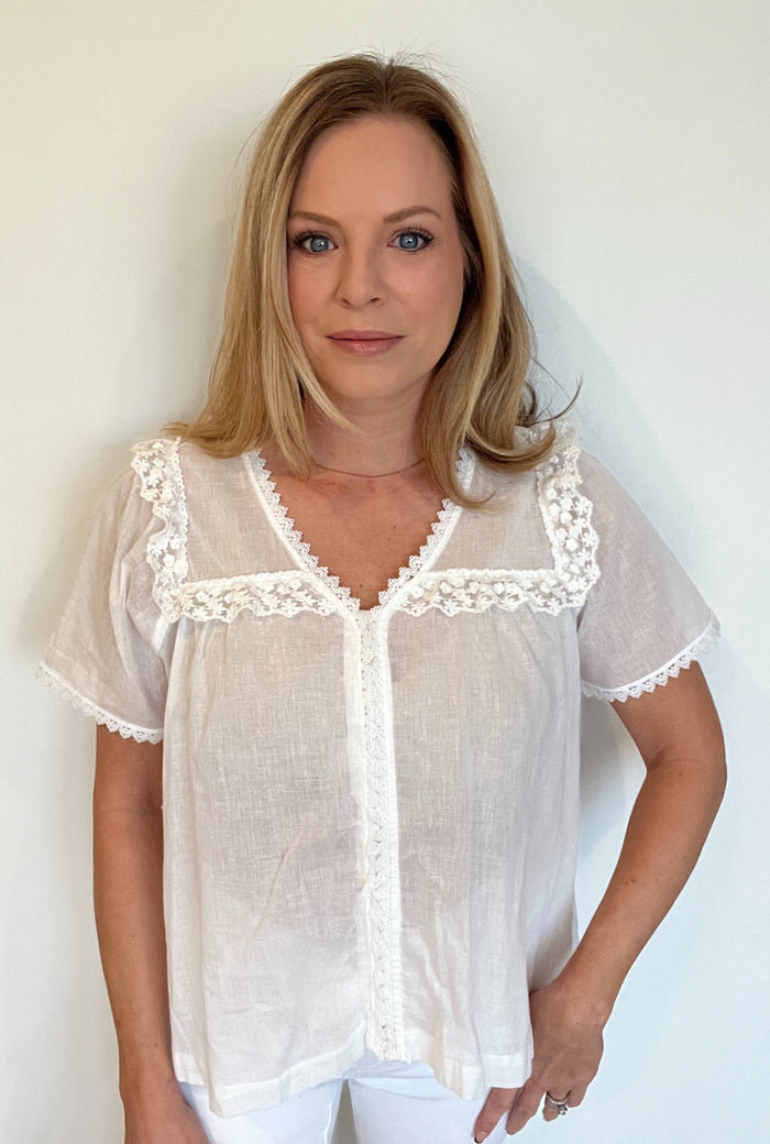 Nora Lace Trim Top-Ivory