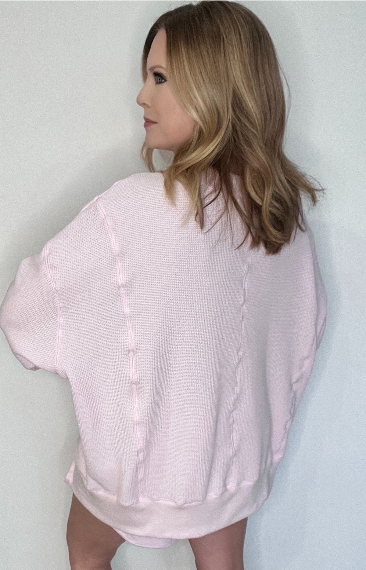 The Saturdays Waffle V Neck Sweatshirt-Pink