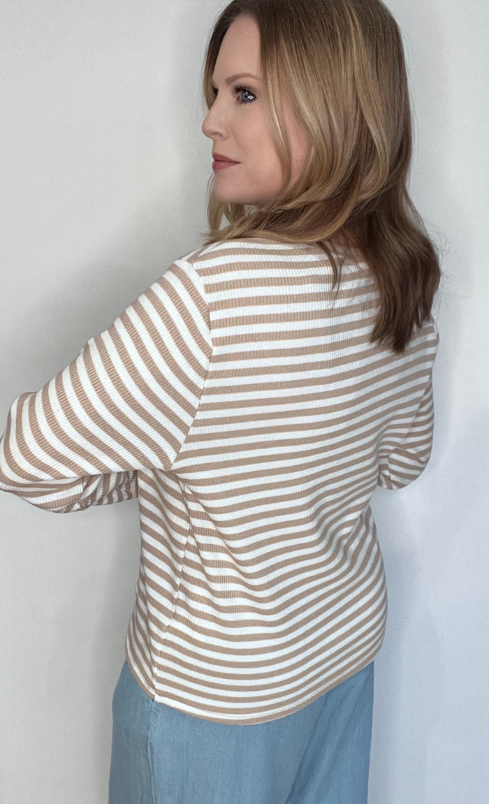 Marley Ribbed Long Sleeve Tee-Taupe/White