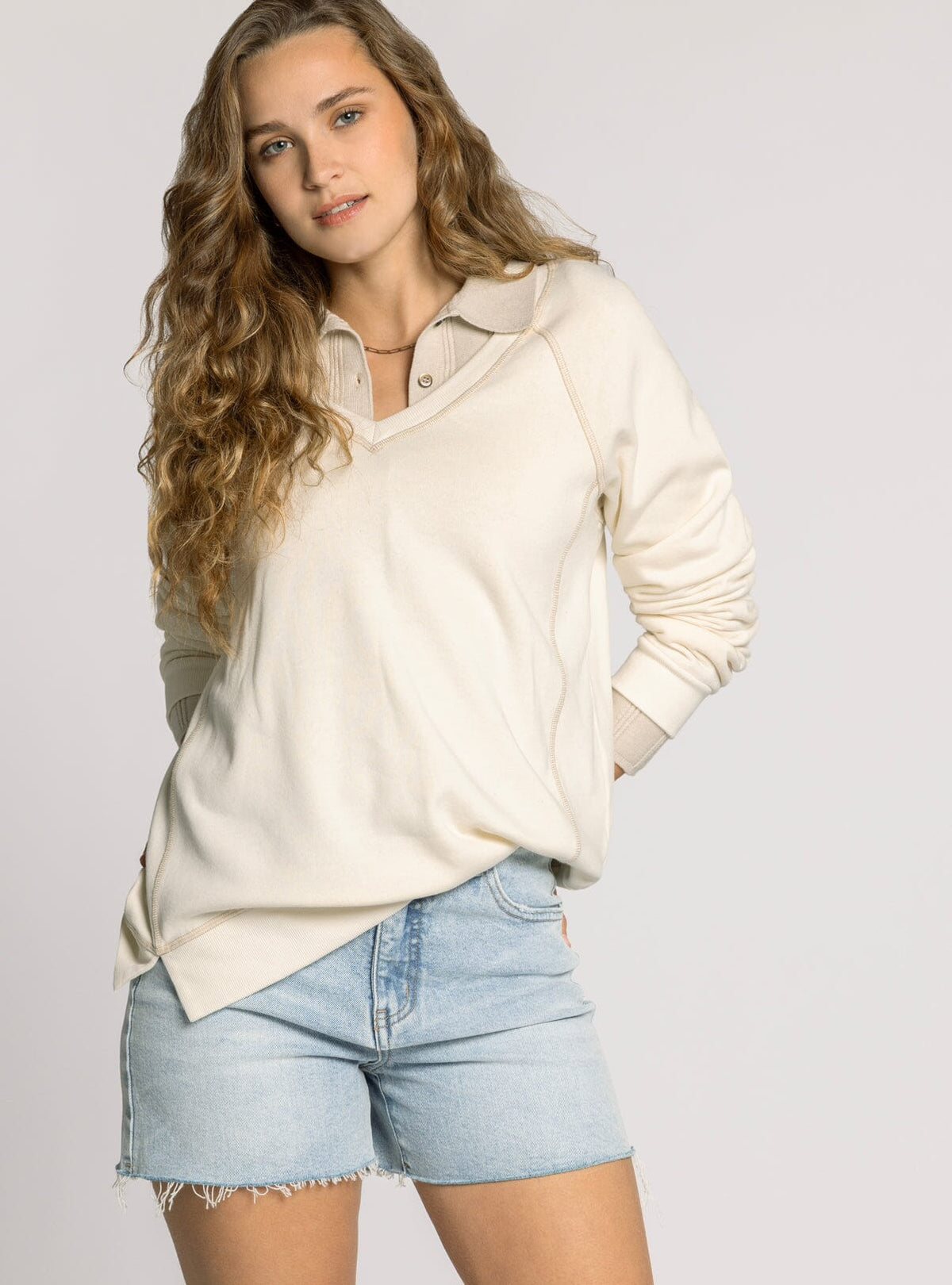 Preorder-Hangout V Neck Sweatshirt-Cream